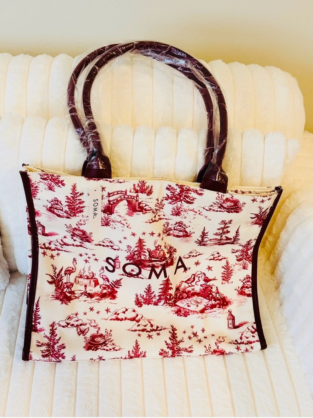 SOMA Red and Cream Toile Canvas Tote with Burgundy Trim